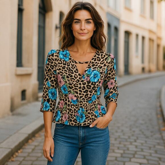 Thalia Sodi Leopard & Floral Print Cold Shoulder Blouse M 8-10 - Picture 1 of 5